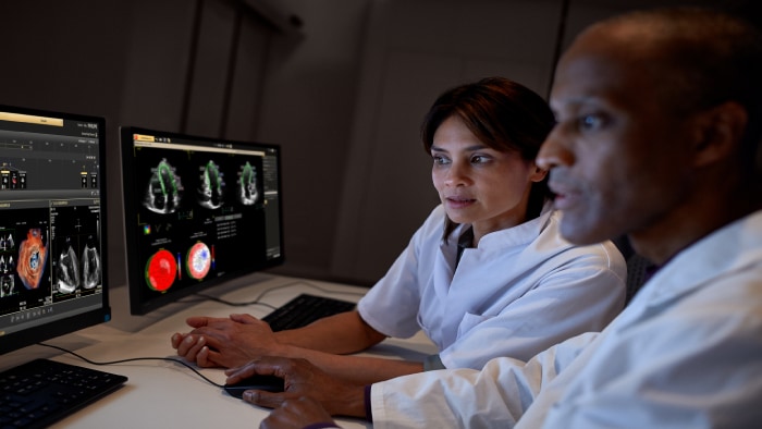 Clinician checking ultrasound scan from monitor of clinical tool