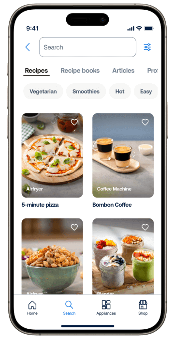 Smartfón s obrazovkou aplikácie HomeID zobrazujúci rad rôznych receptov